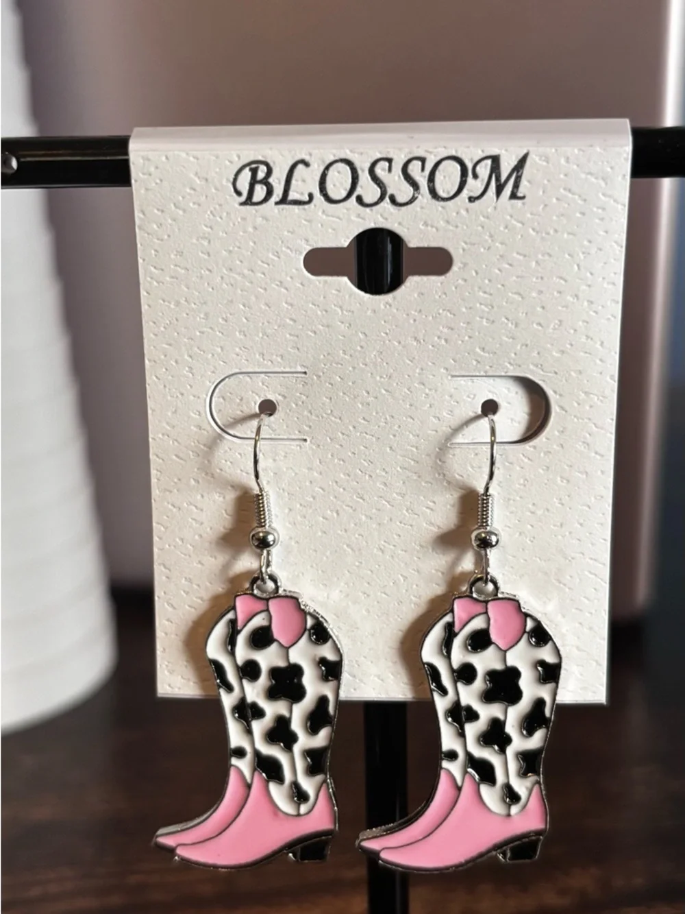 Blossom Pink & Black Cowprint Cowboy Boot Earrings‎ - Picture 2 of 3